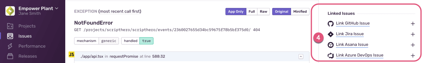 Link a Sentry issue to a new or existing issue in your issue tracking solution.