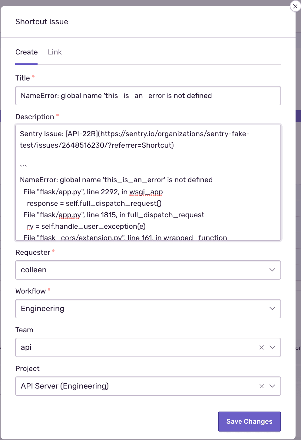 Sentry modal that creates a Shortcut Story that's linked to a Sentry issue.